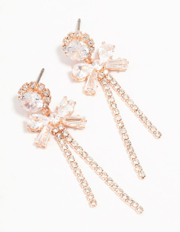 Rose Gold Plated Bow Zirconia Cup Chain Earrings