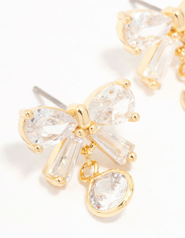 Real Gold Plated Cubic Zirconia Bow & Round Drop Earrings