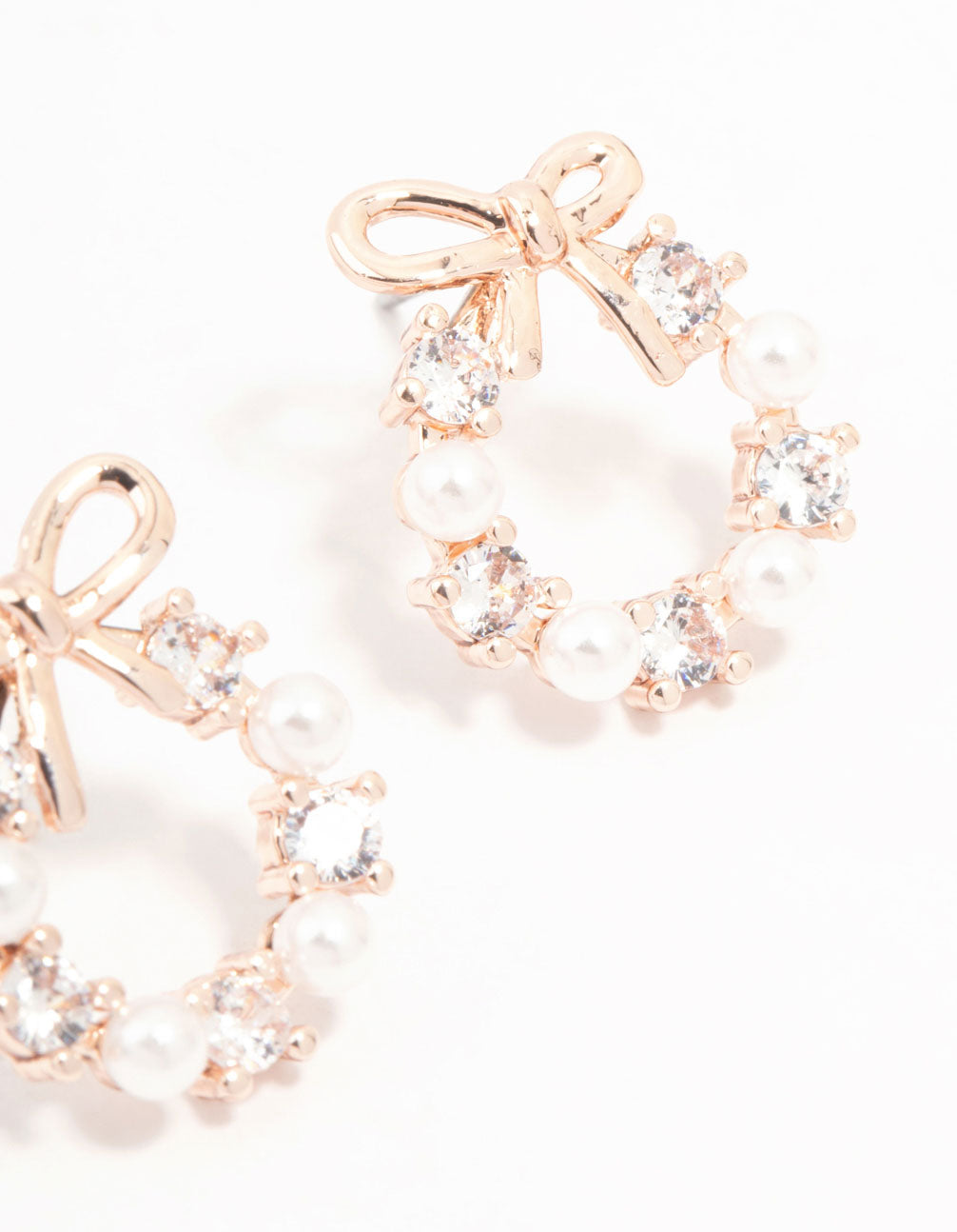 Rose Gold Plated Alternating Cubic Zirconia & Freshwater Pearl Bow Stud Earrings