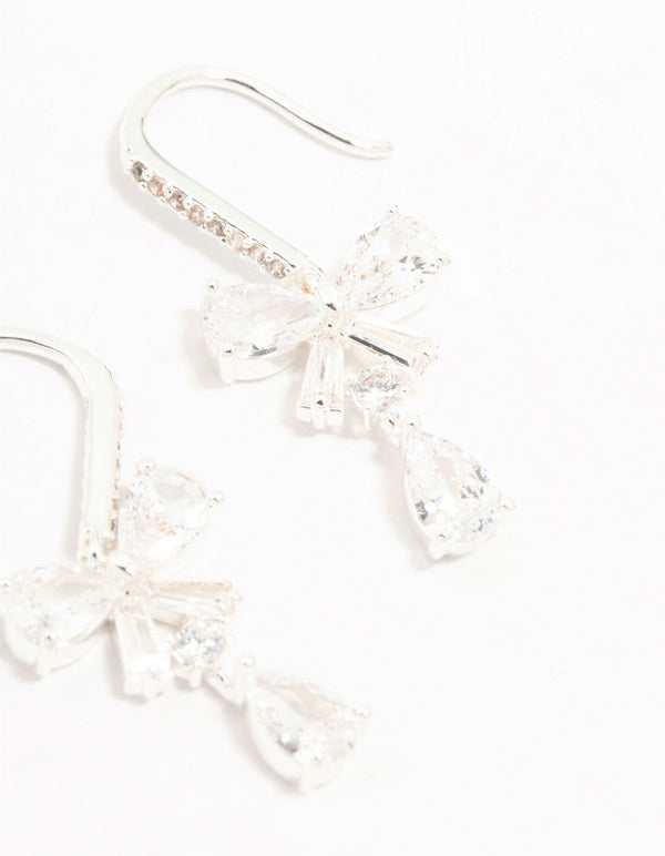 Silver Plated Pear Cut Cubic Zirconia Bow Hook Earrings