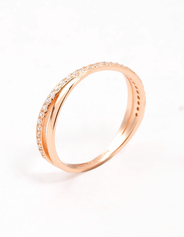 Elegant rose gold plated sterling silver cubic zirconia crossover ring front view