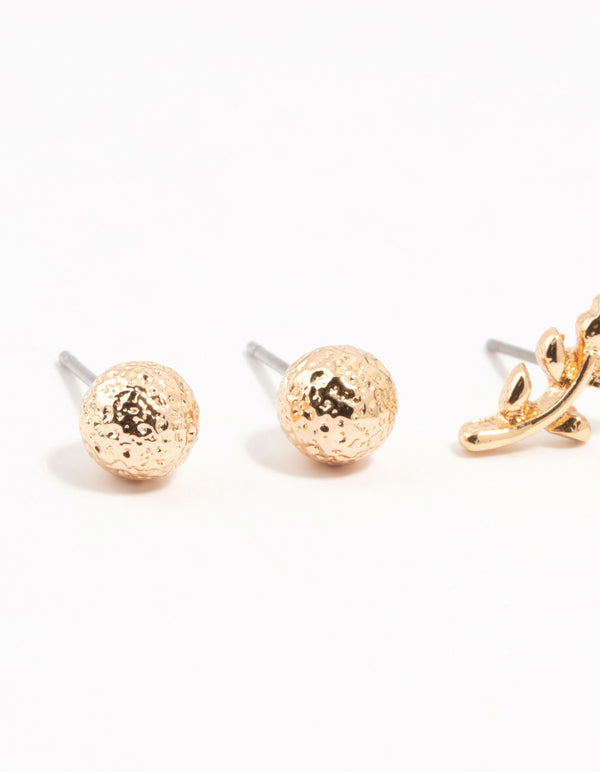 Gold Floral & Molten Stud Earrings 3-Pack