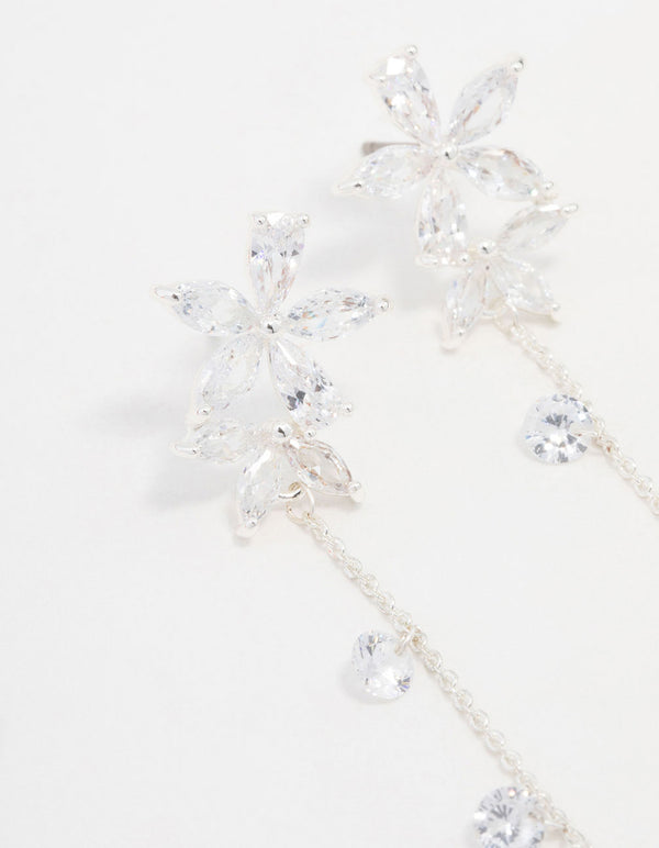 Silver Cubic Zirconia Flower Station Drop Earrings