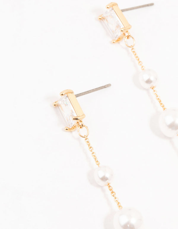 Gold Plated Baguette Station Mixed Pearl Earrings