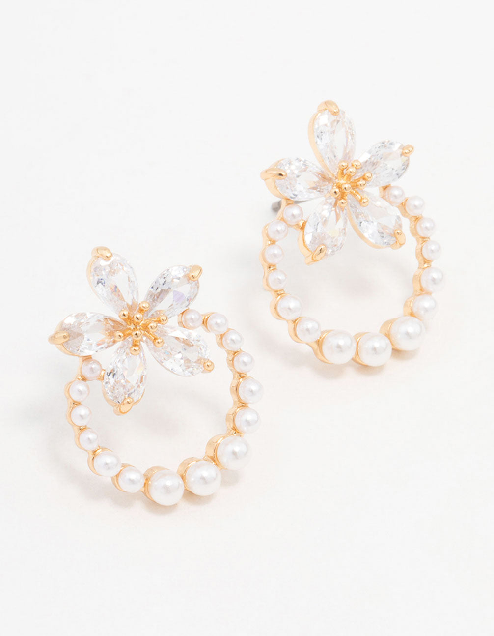 Gold Pearl Wreath Cubic Zirconia Flower Earrings