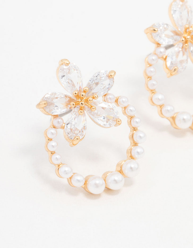 Gold Pearl Wreath Cubic Zirconia Flower Earrings