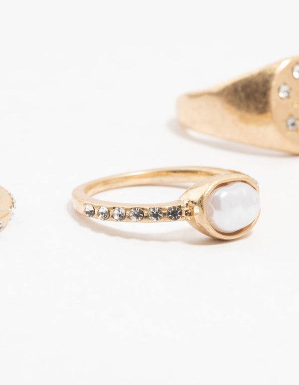 Worn Gold Pearl & Celestial Rings 6-Pack