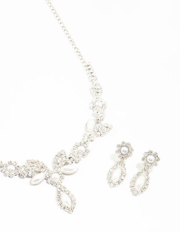 Silver Vine Diamante Pearl Necklace & Earrings Set