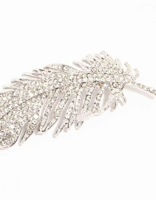 Silver Diamante Feather Brooch