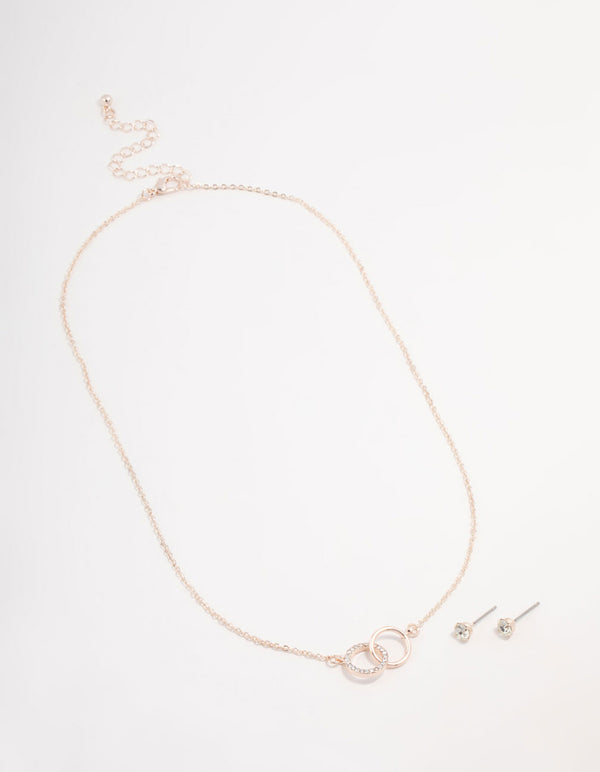 Rose Gold Linked Circle Necklaces & Stud Earrings Set