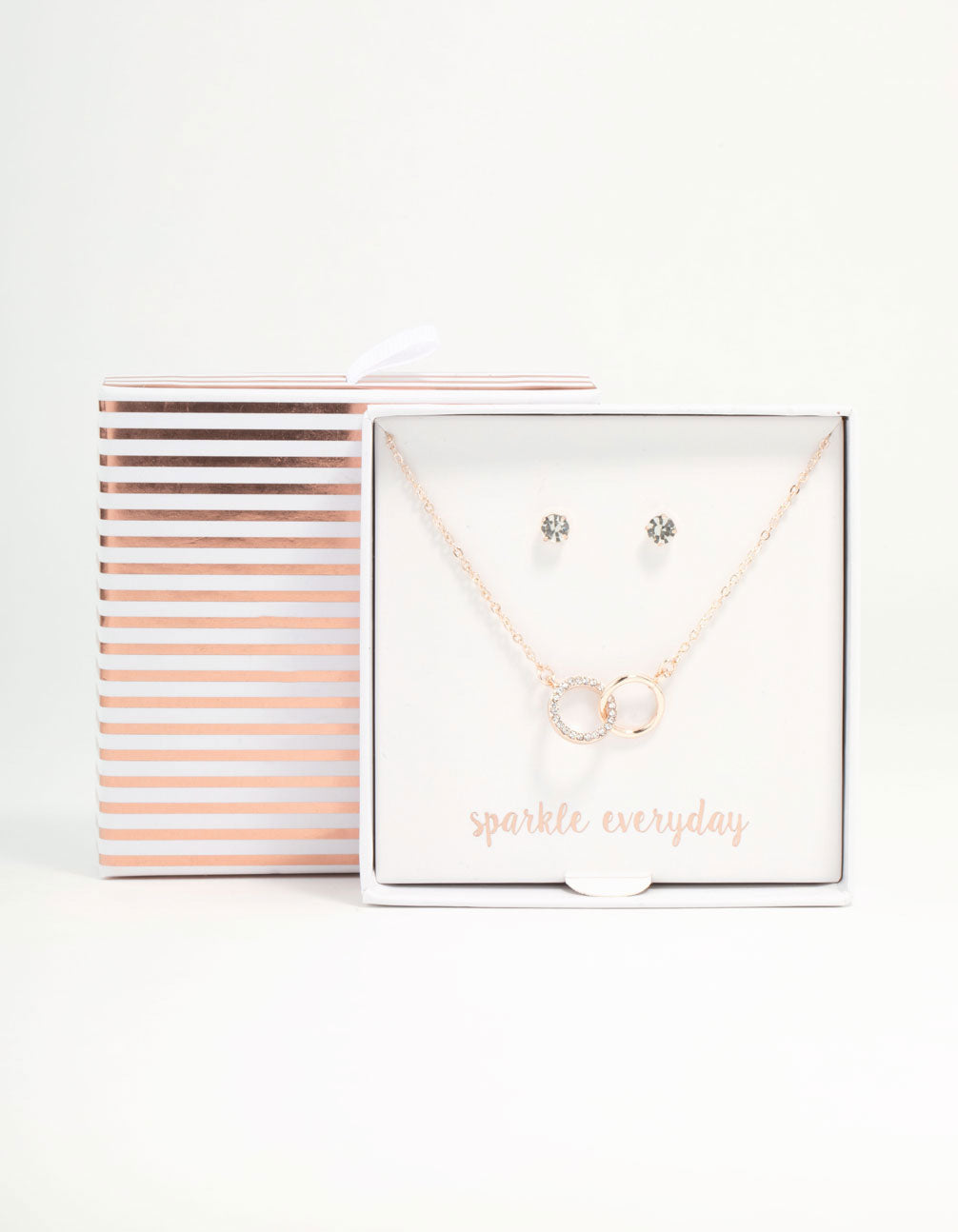 Rose Gold Linked Circle Necklaces & Stud Earrings Set
