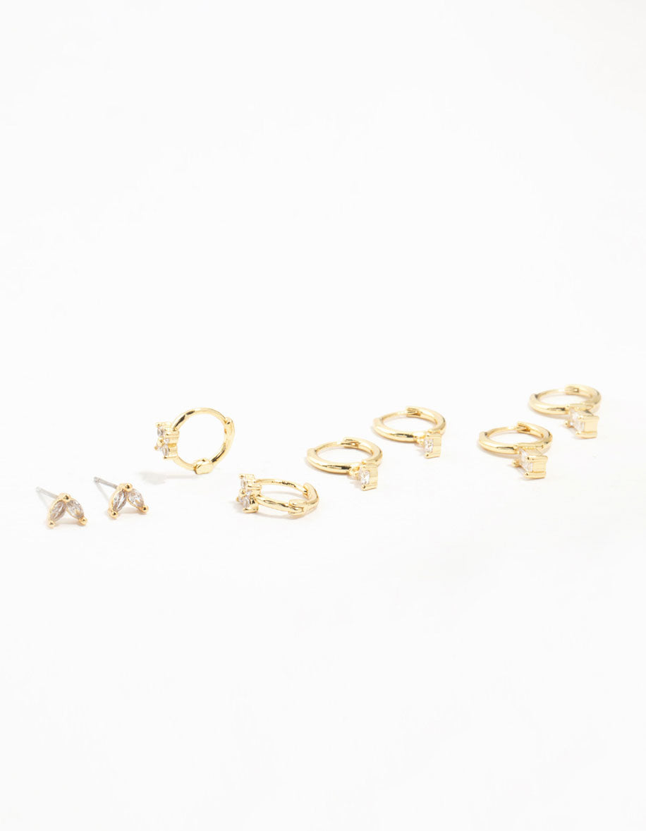 Gold Plated Brass Brass Cubic Zirconia Hoop Earrings 4-Pack