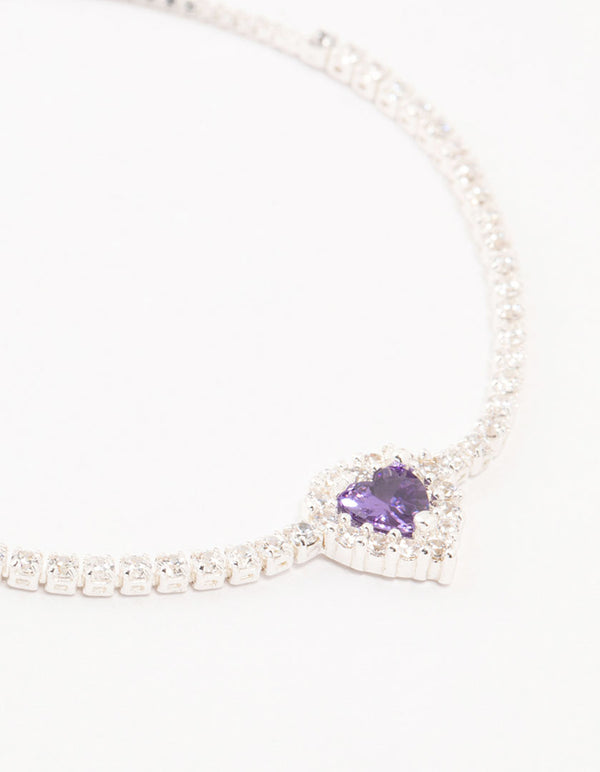 Silver Pave Purple Cubic Zirconia Halo Heart Toggle Bracelet