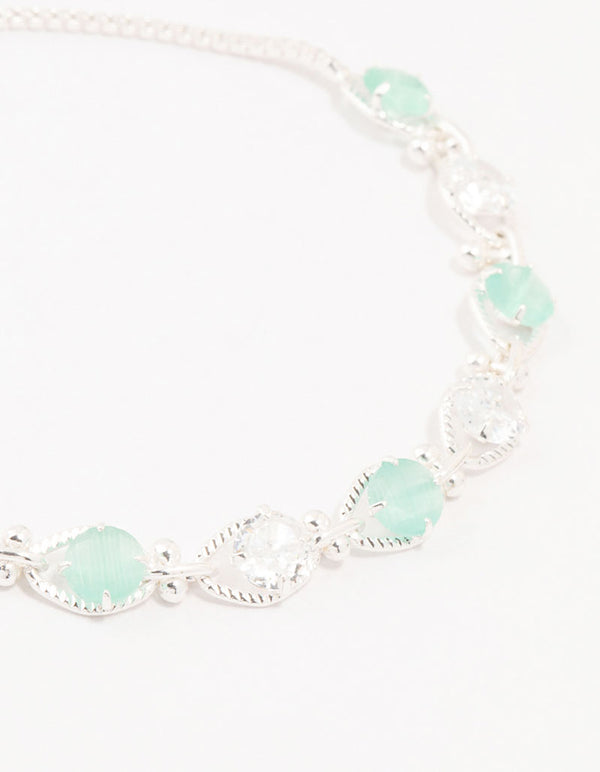 Silver Alternating Aqua Cubic Zirconia Crystal Dumbbell Toggle Bracelet