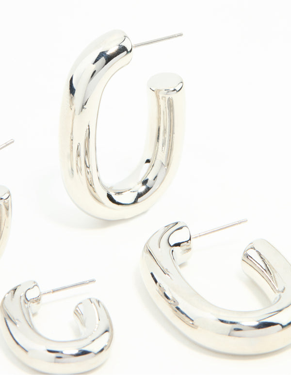 Silver Rectangle Shaped Smooth Hoops 2-Pack