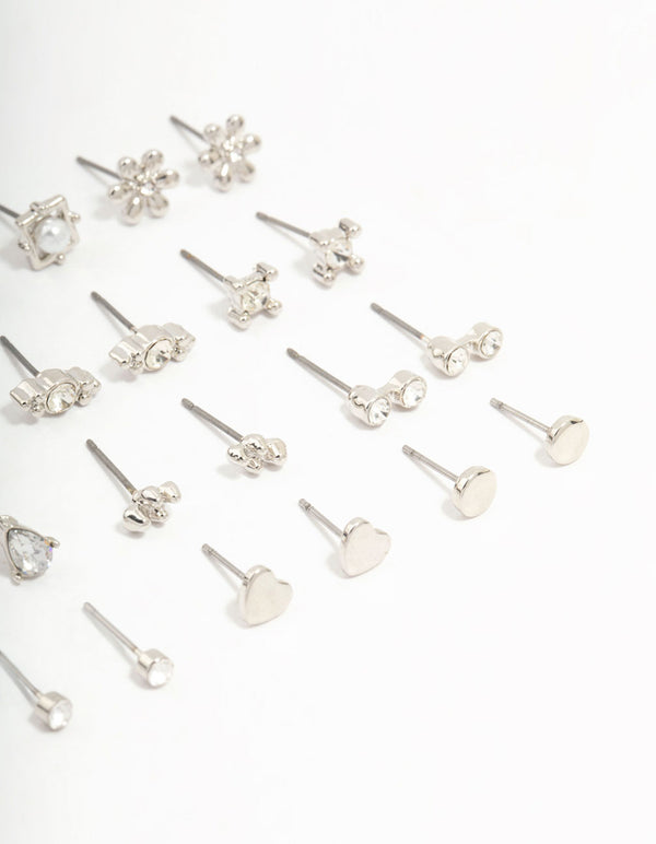 Silver Diamante Stud Earrings 12-Pack