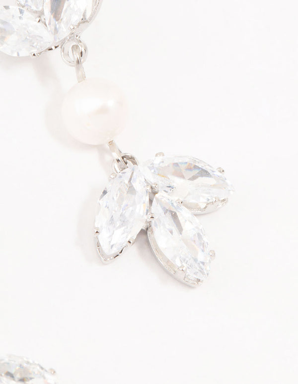 Silver Floral Cubic Zirconia & Pearl Drop Earrings