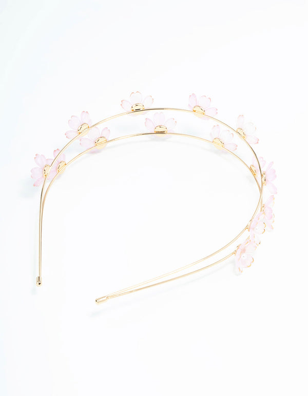 Small Pink Flower Gold Headband