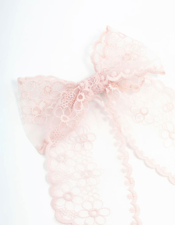 Long Pink Lace Fabric Flower Bow Clip
