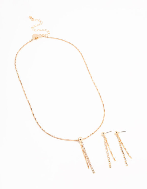 Gold Diamante Cupchain Necklace & Earrings Set