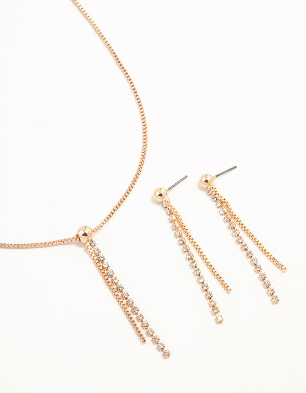 Gold Diamante Cupchain Necklace & Earrings Set
