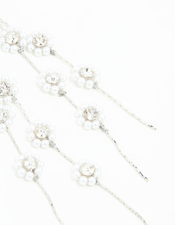 Silver Multirow Pearl & Diamante Flower Drop Earrings