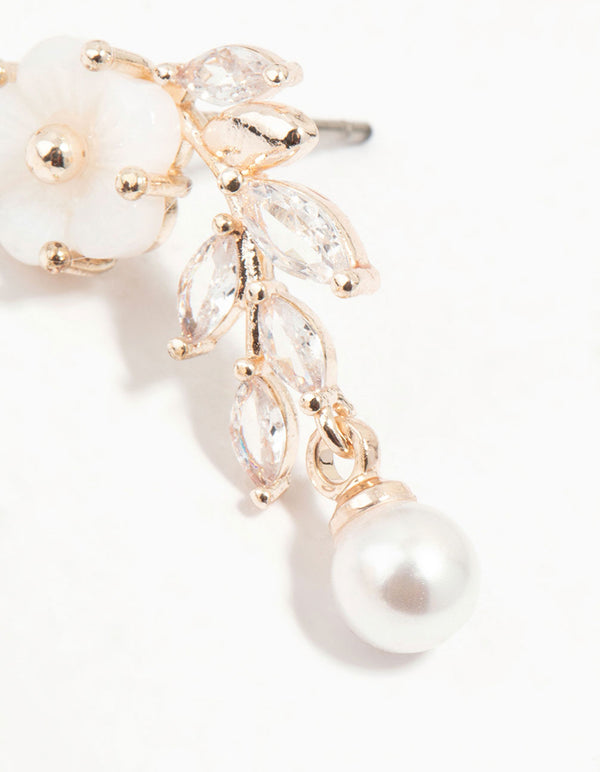 Rose Gold Plated Flower & Pearls Drop Earrings