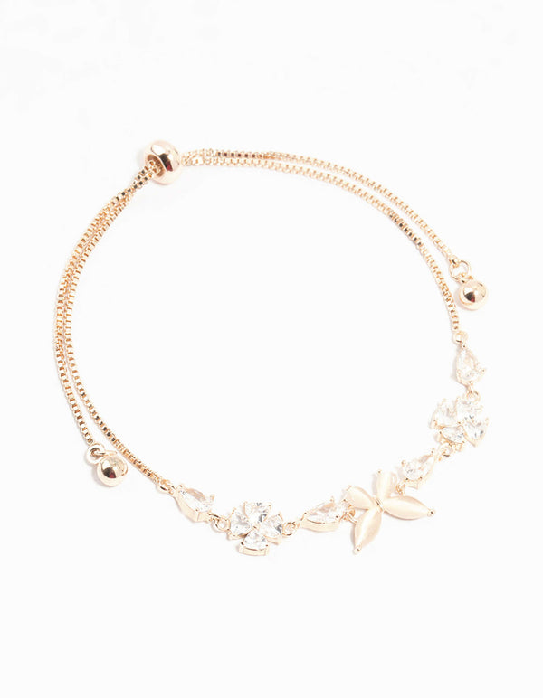 Rose Gold Plated Butterfly Cubic Zirconia Flower Toggle Bracelet
