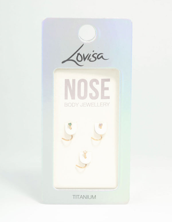 Gold Plated Titanium Classic Gem Nose Studs 3-Pack