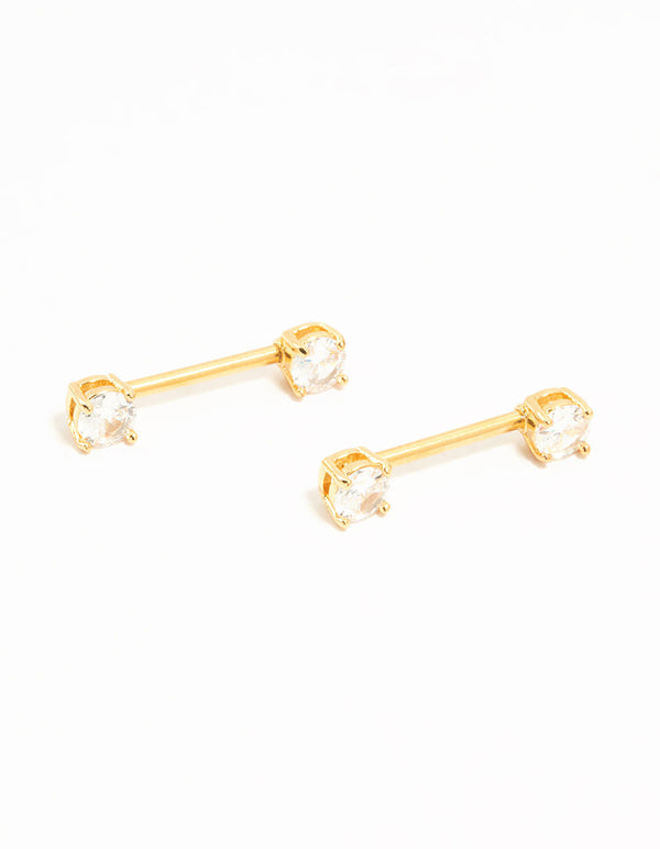 Gold Plated Titanium Round Cubic Zirconia Nipple Bars 2-Pack