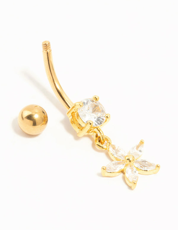 Gold Plated Titanium Cubic Zirconia Flower Drop Belly Bar