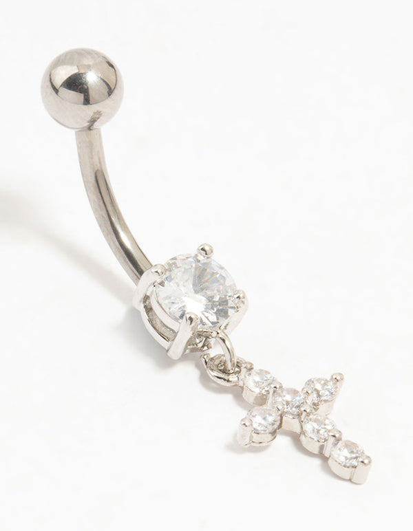 Titanium Cubic Zirconia Cross Drop Belly Bar