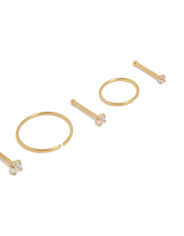 Discover gold plated titanium nose studs and rings featuring cubic zirconia with hoop closure in a 6-pack detail view