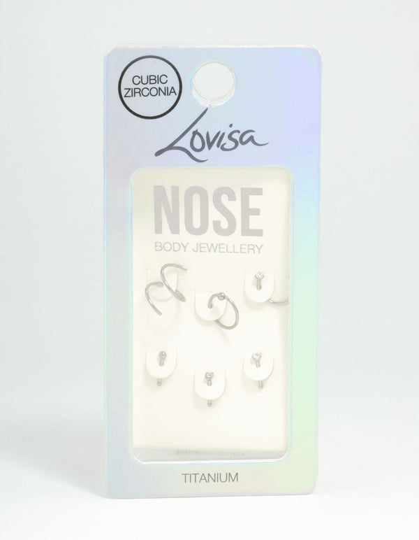 Titanium Cubic Zirconia Nose Piercings 6-Pack