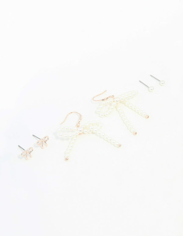 Rose Gold, Pearl & Bow Earrings 3-Pack