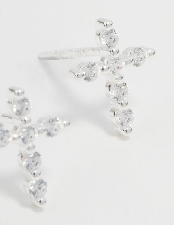 Sterling Silver Marquise Cubic Zirconia Cross Stud Earrings