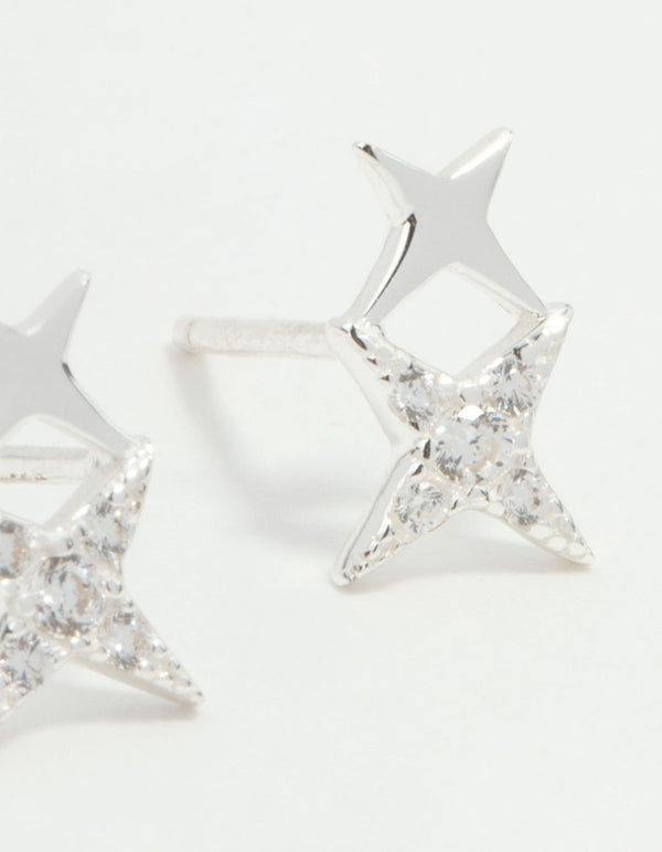 Sterling Silver Cubic Zirconia Double Star Stud Earrings