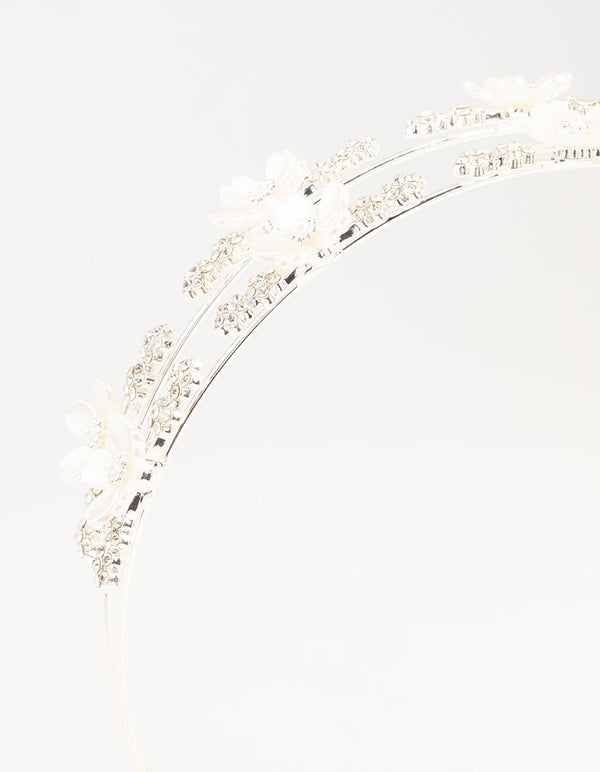 Silver Mini Crystal Flower Double Headband