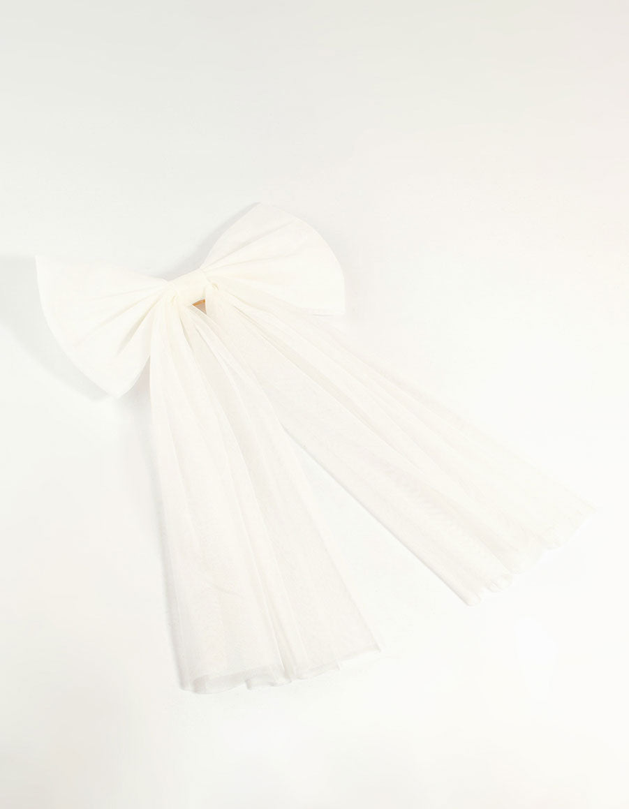 White Tulle Fabric Bow Clip