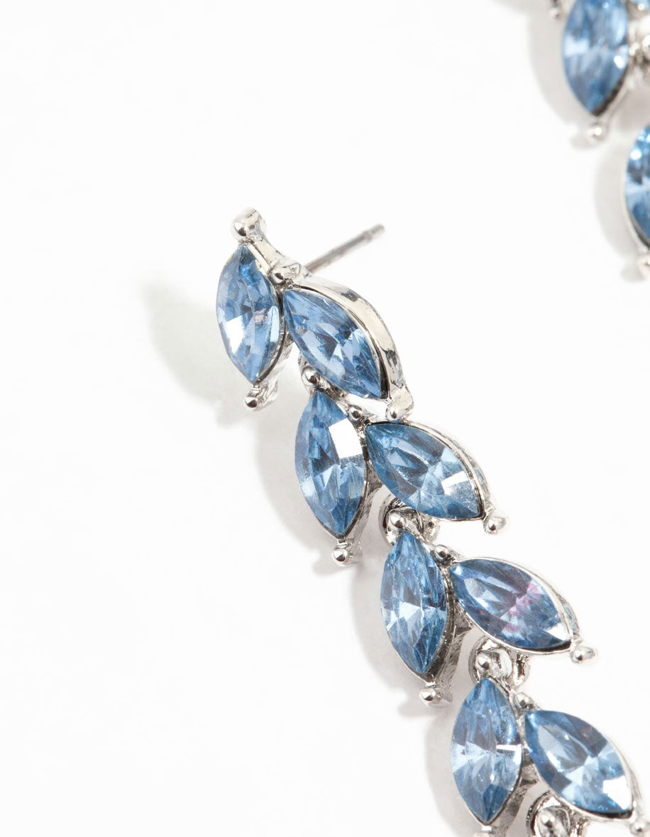 Silver Petal Blue Leaf Diamante Drop Earrings