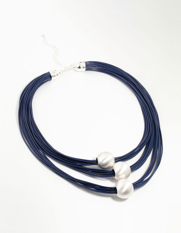 Blue Wax Cord Trio Silver Ball Necklace