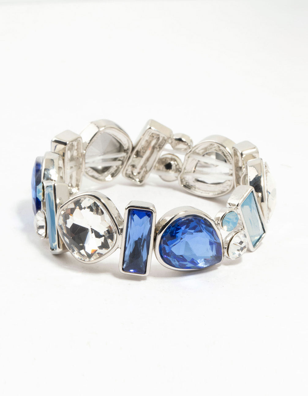 Silver Mixed Shape Blue Diamante Stretch Bracelet