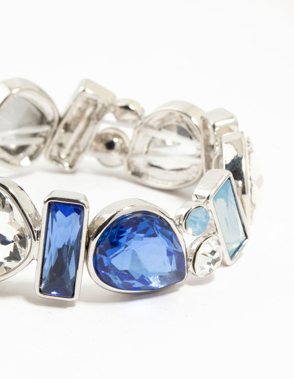 Silver Mixed Shape Blue Diamante Stretch Bracelet