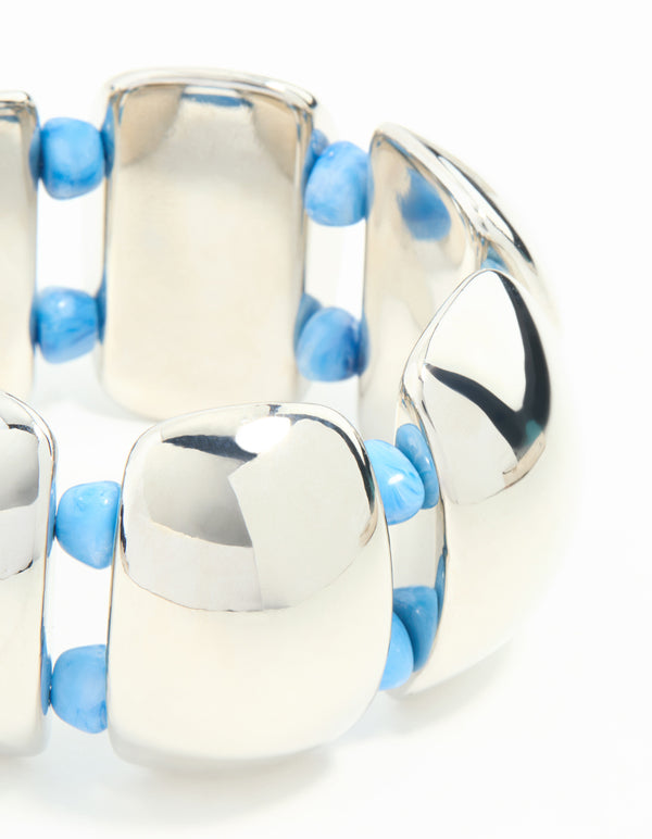 Wide Silver Blue Beads Stretch Bracelet