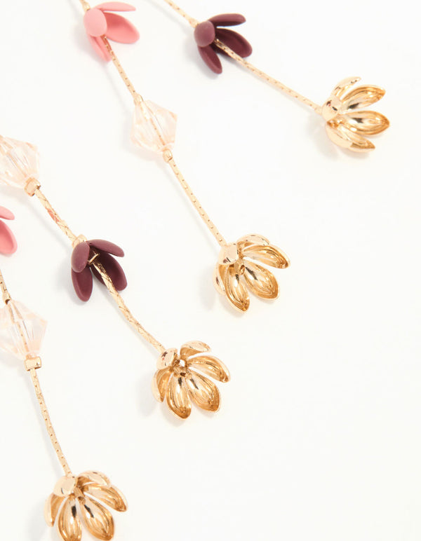 Pink & Purple Flowers Gold Drop Earrings