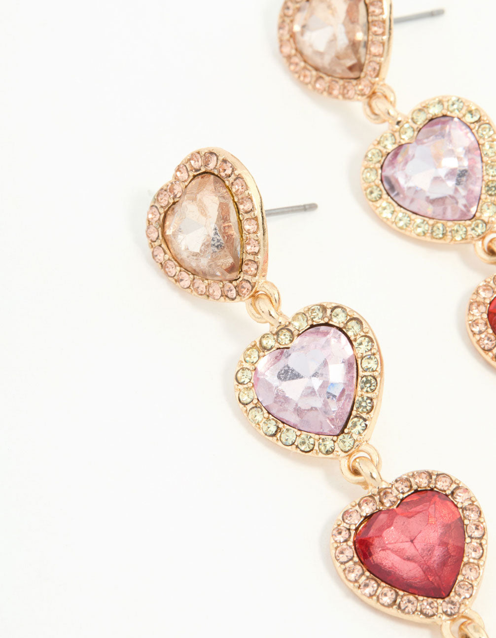 Red & Pink Diamante Heart Teardrop Gold Earrings