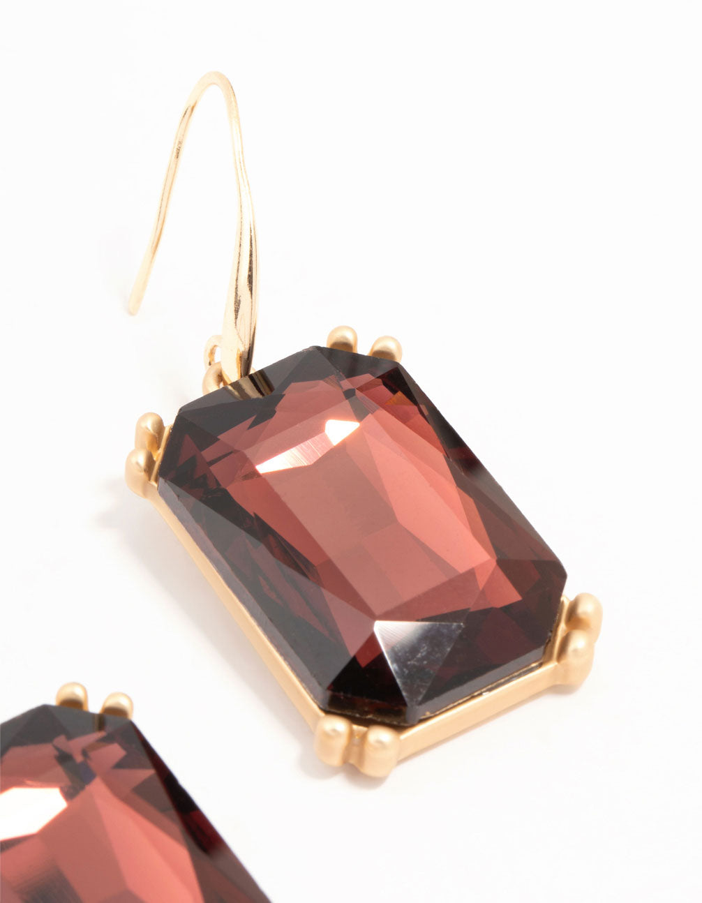Large Baguette Cut Burgundy Diamante Drop Gold Earrings