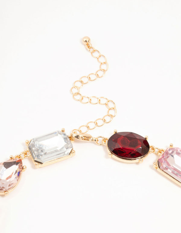 Gold Mixed Red & Silver & Pink Diamante Stone Choker Necklace