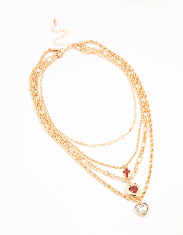 Gold Cross Hearts & Cross Layered Necklace