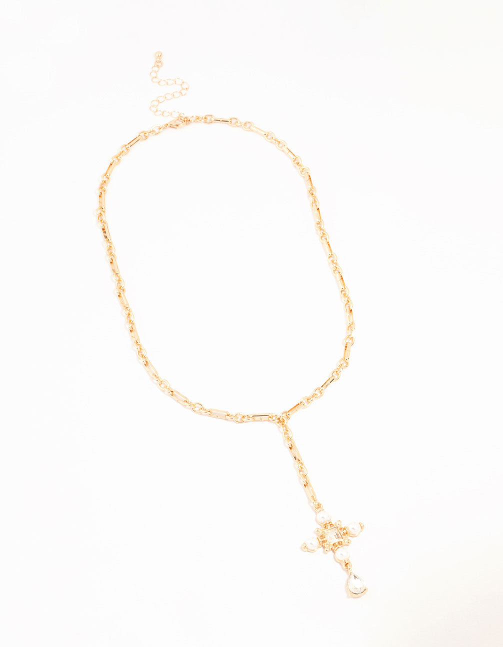 Gold Cross & Pearl Y-Necklace